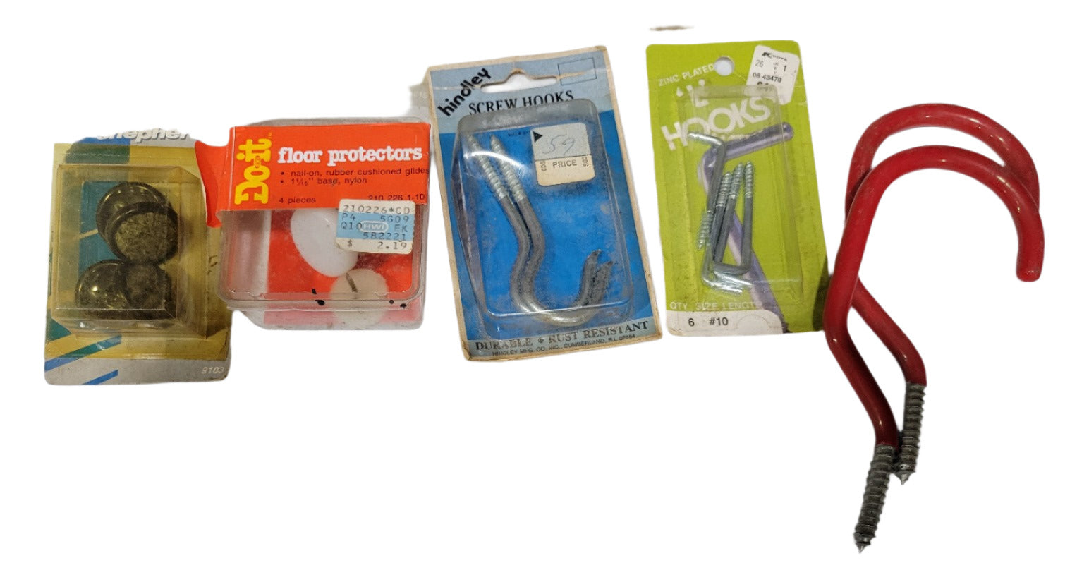 Vintage Hardware Lot – Hooks, Hangers, Floor Protectors, and Fasteners (NOS)