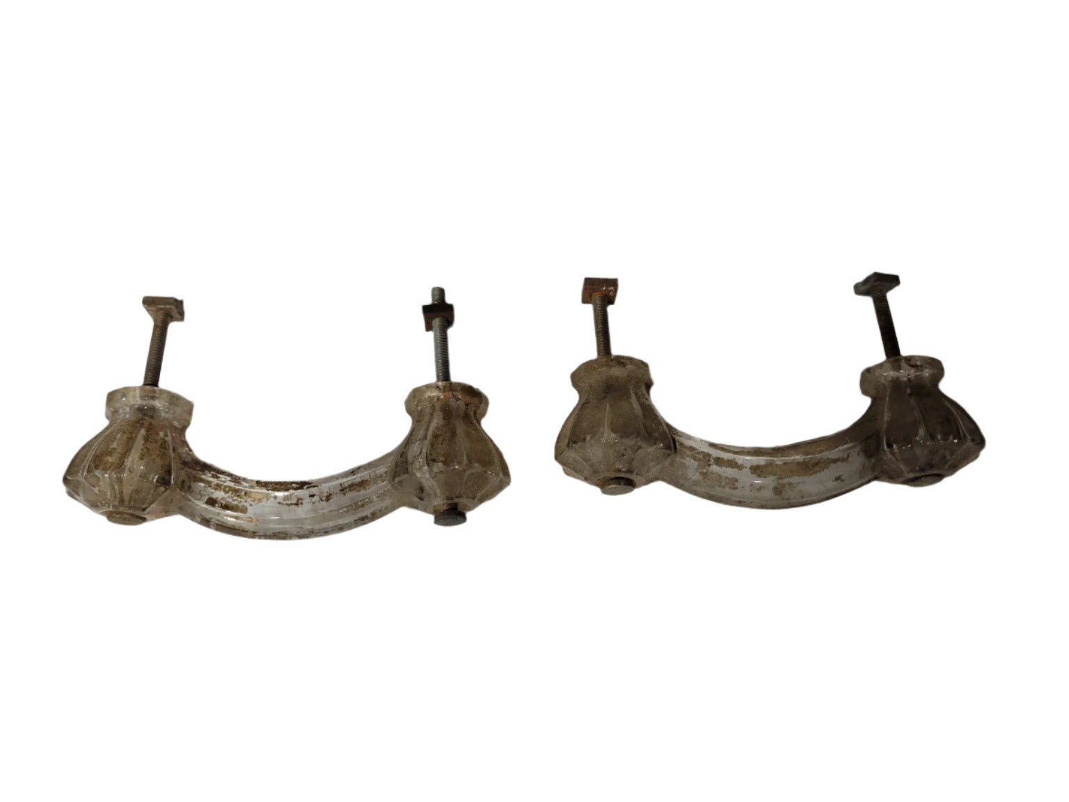 Set of 2 Antique Glass Bridge Drawer Pulls – Fluted Ends with Mounting Bolts