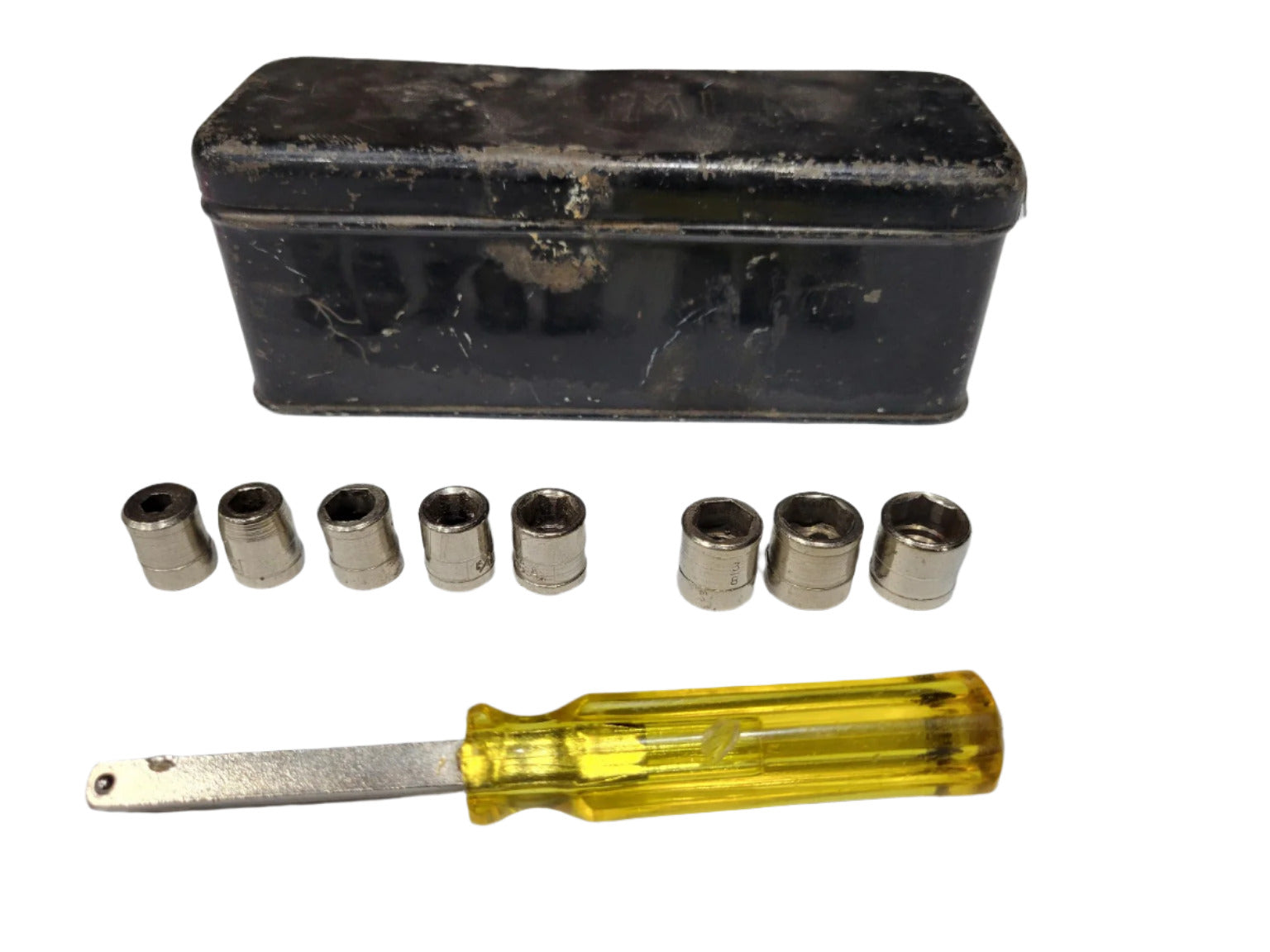 Vintage Socket Set with Driver and Metal Storage Tin – 8 Pieces