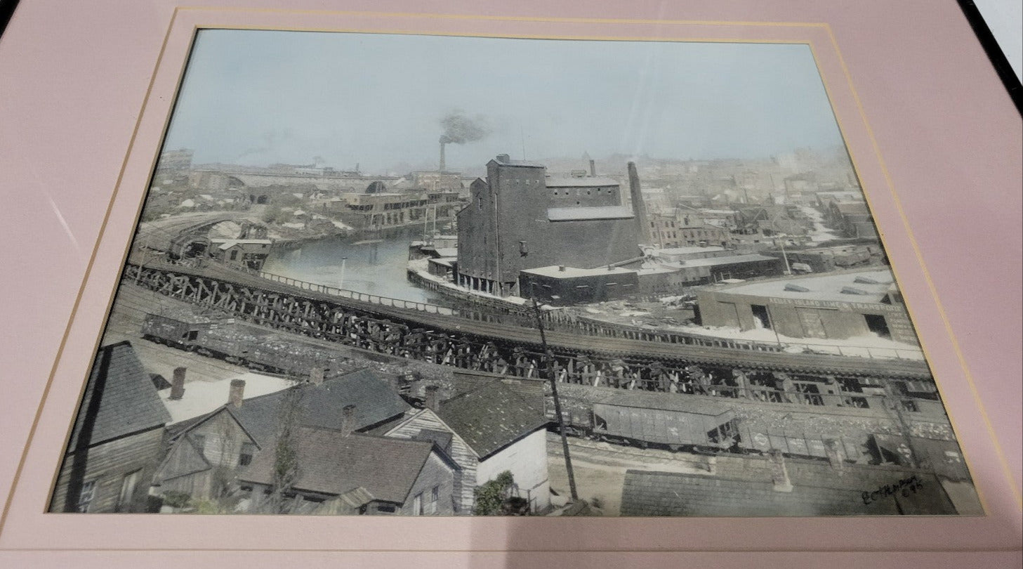 Hand-Tinted 1890 Cleveland Flats Cuyahoga River Print – Framed