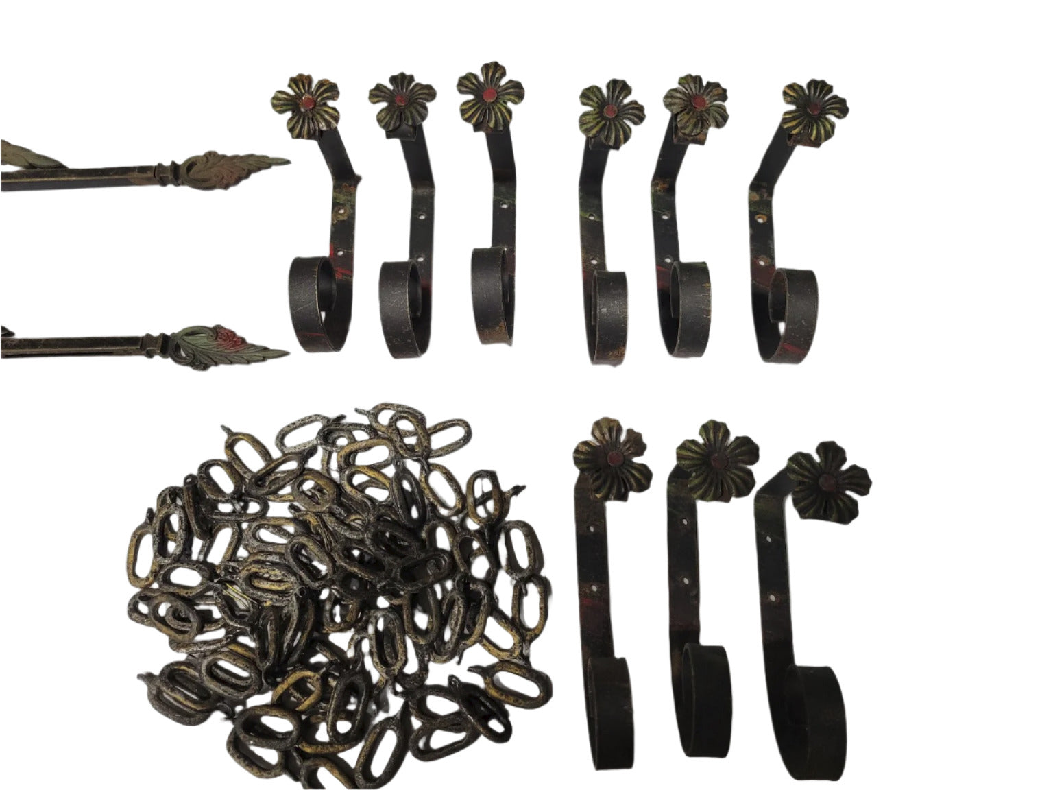 Lot of Antique Cast Iron Curtain Hardware – Painted Floral Motif