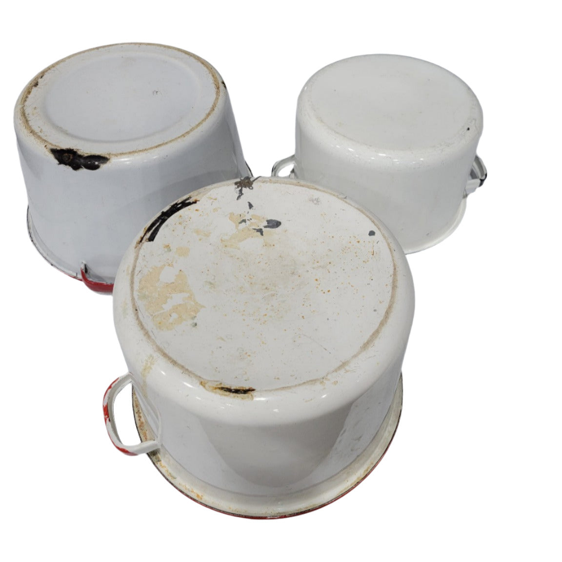 Set of 3 Vintage White Enamelware Pots with Red & Black Trim – Chipped