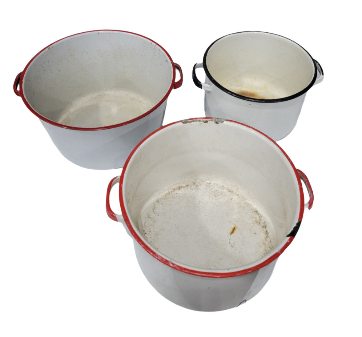 Set of 3 Vintage White Enamelware Pots with Red & Black Trim – Chipped