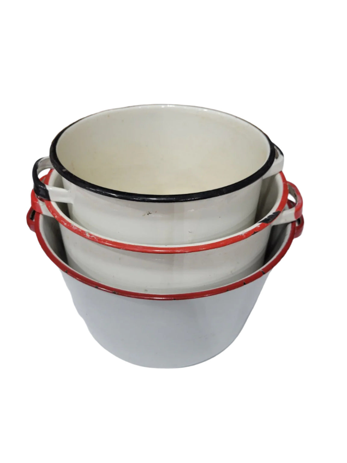 Set of 3 Vintage White Enamelware Pots with Red & Black Trim – Chipped