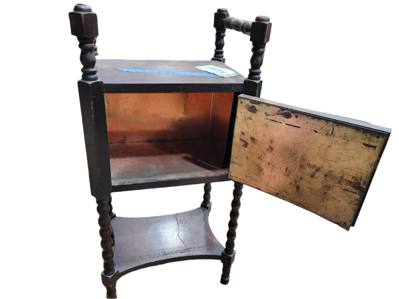 Antique Spindle-Leg Side Cabinet – Copper-Lined Interior, Dark Wood Finish