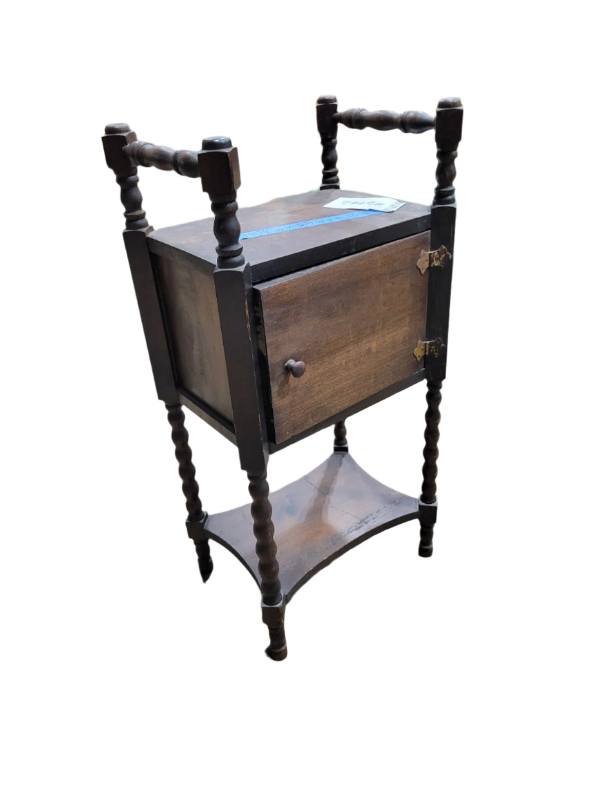 Antique Spindle-Leg Side Cabinet – Copper-Lined Interior, Dark Wood Finish
