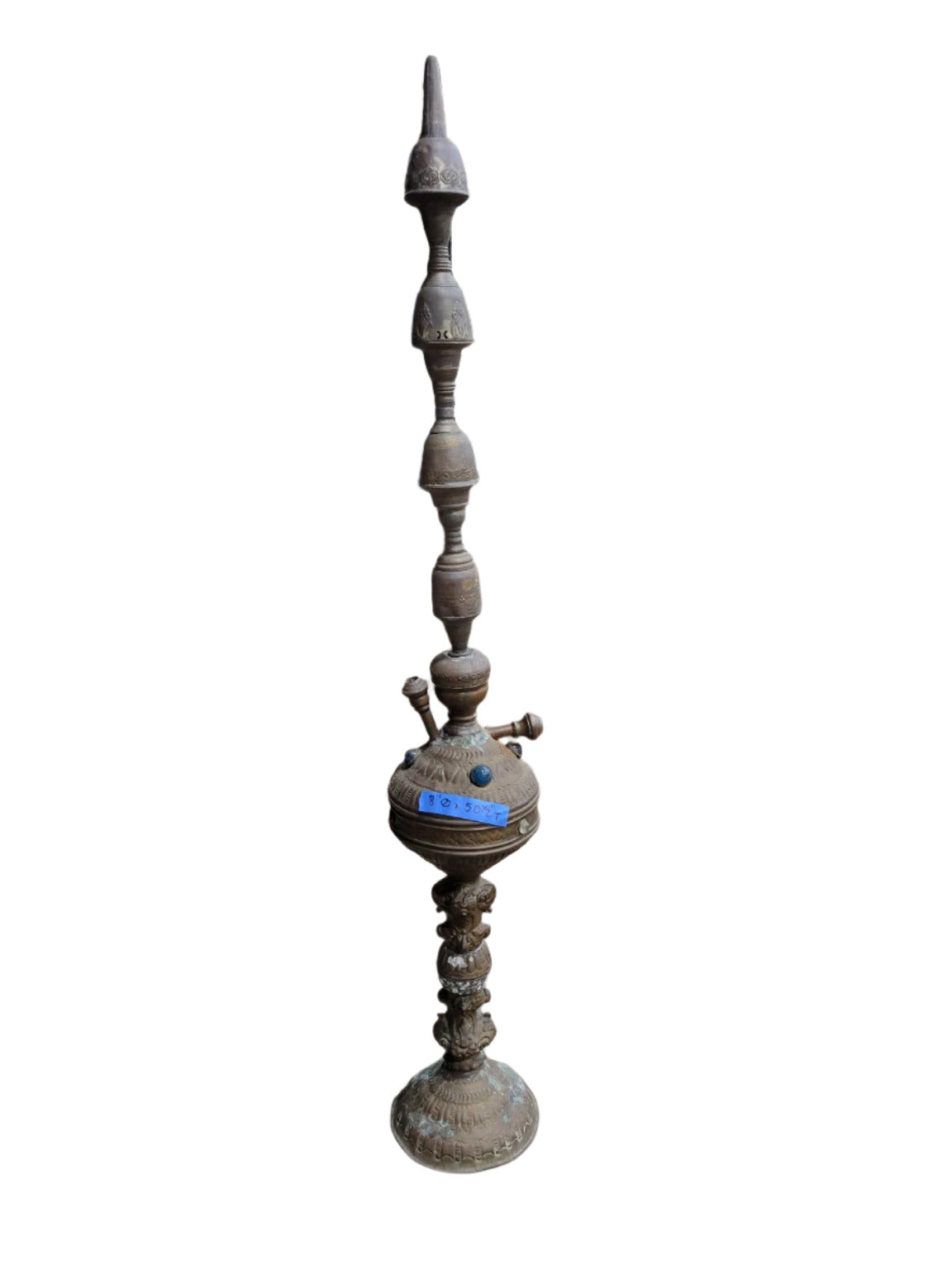 Tall Antique Brass Hookah with Ornamental Blue Glass Inlays