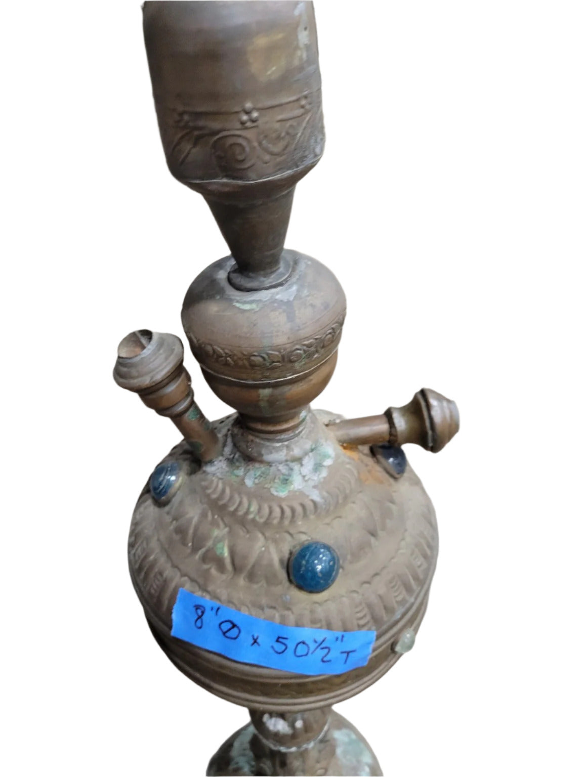 Tall Antique Brass Hookah with Ornamental Blue Glass Inlays