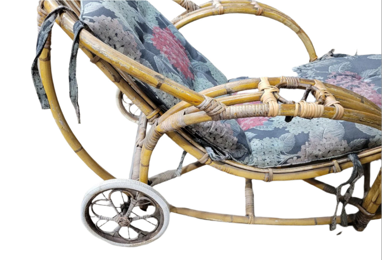 Vintage Rattan Chaise Lounge with Wheels & Floral Cushions