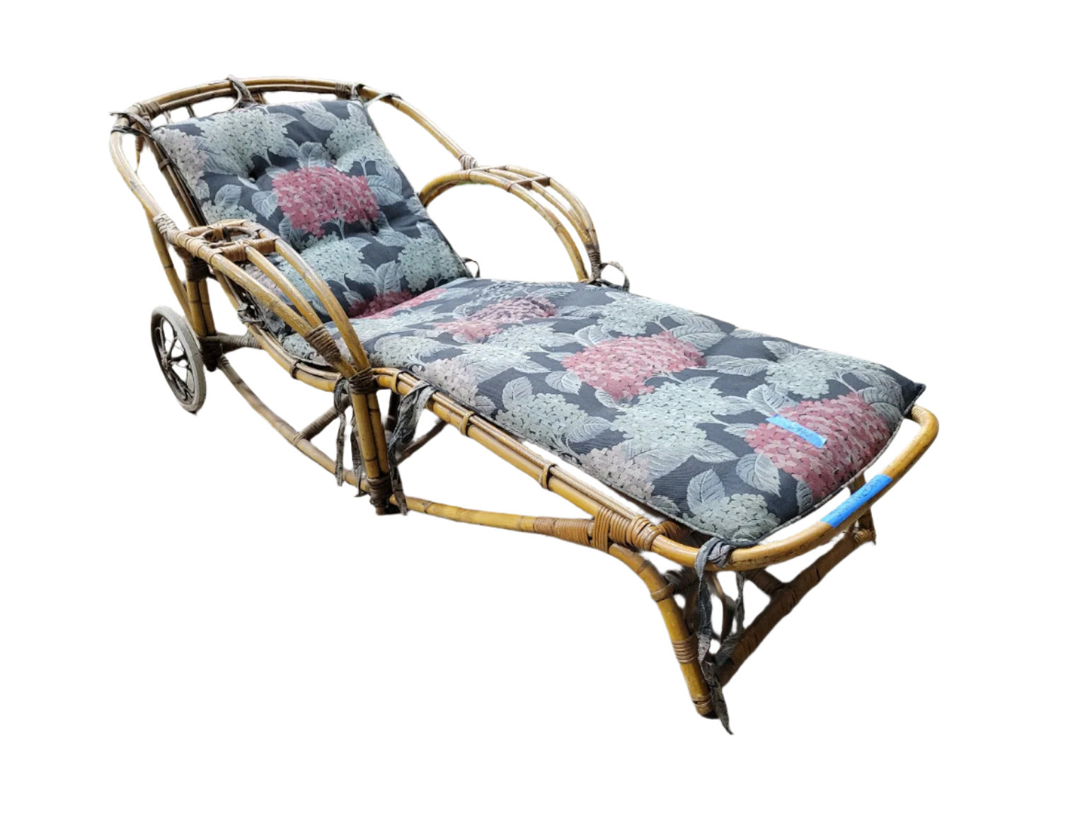 Vintage Rattan Chaise Lounge with Wheels & Floral Cushions