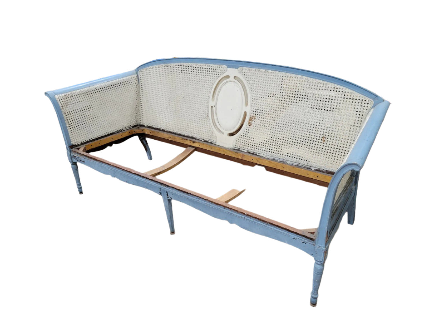 Antique Painted Wood and Cane Settee Frame – Oval Medallion Back