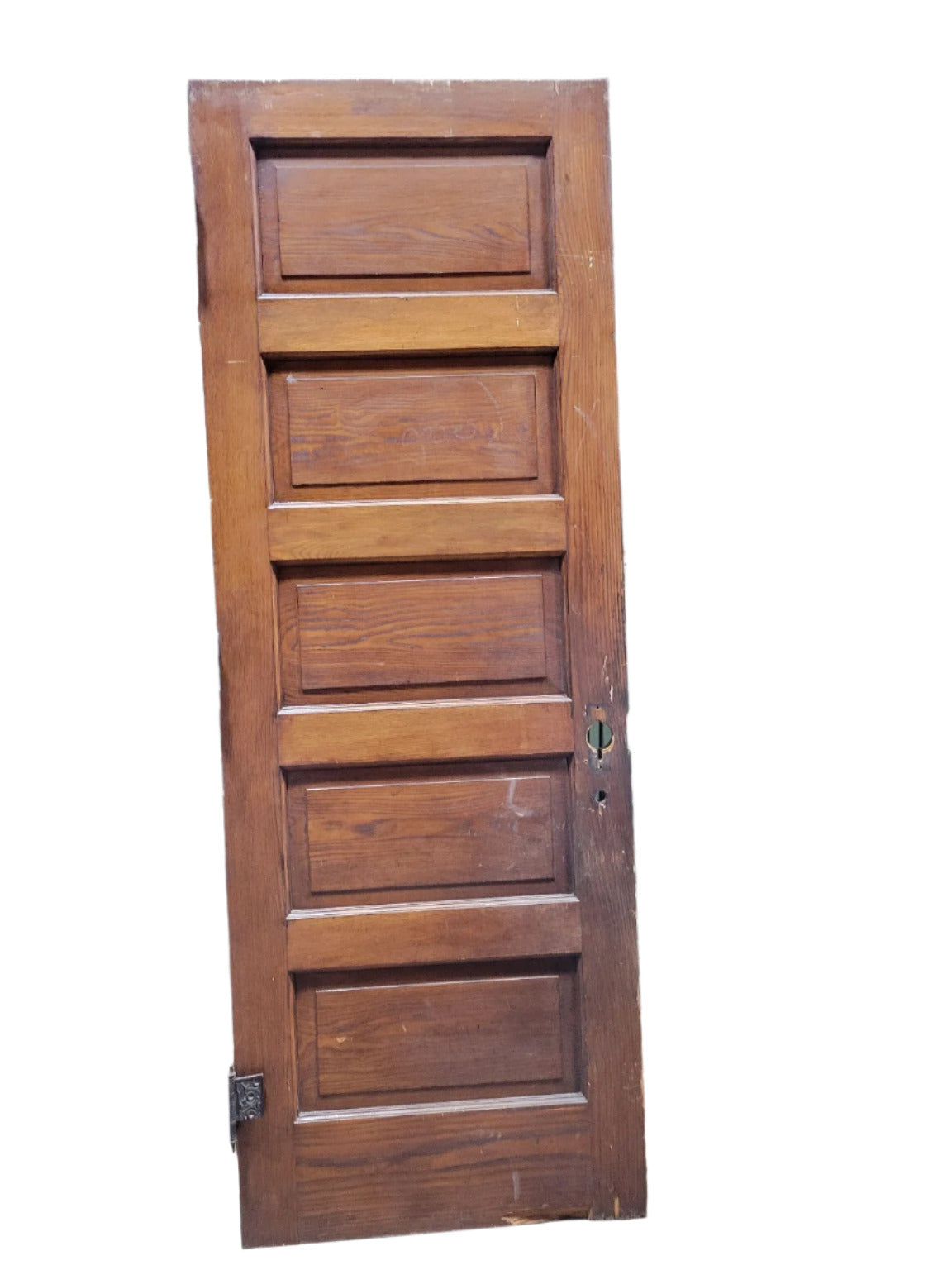 Antique 5-Panel Oak Interior Door with Ornate Hinges