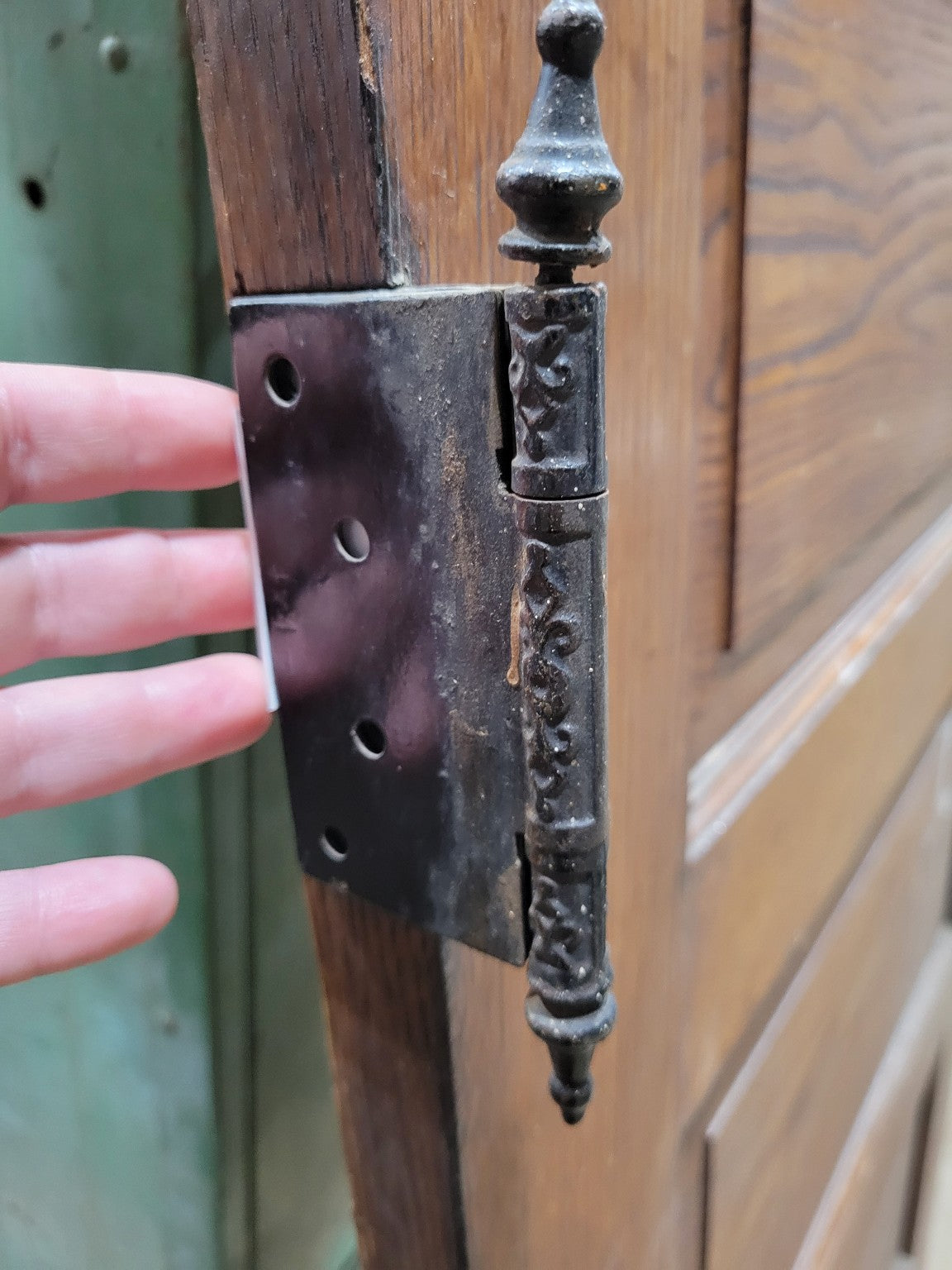 Antique 5-Panel Oak Interior Door with Ornate Hinges