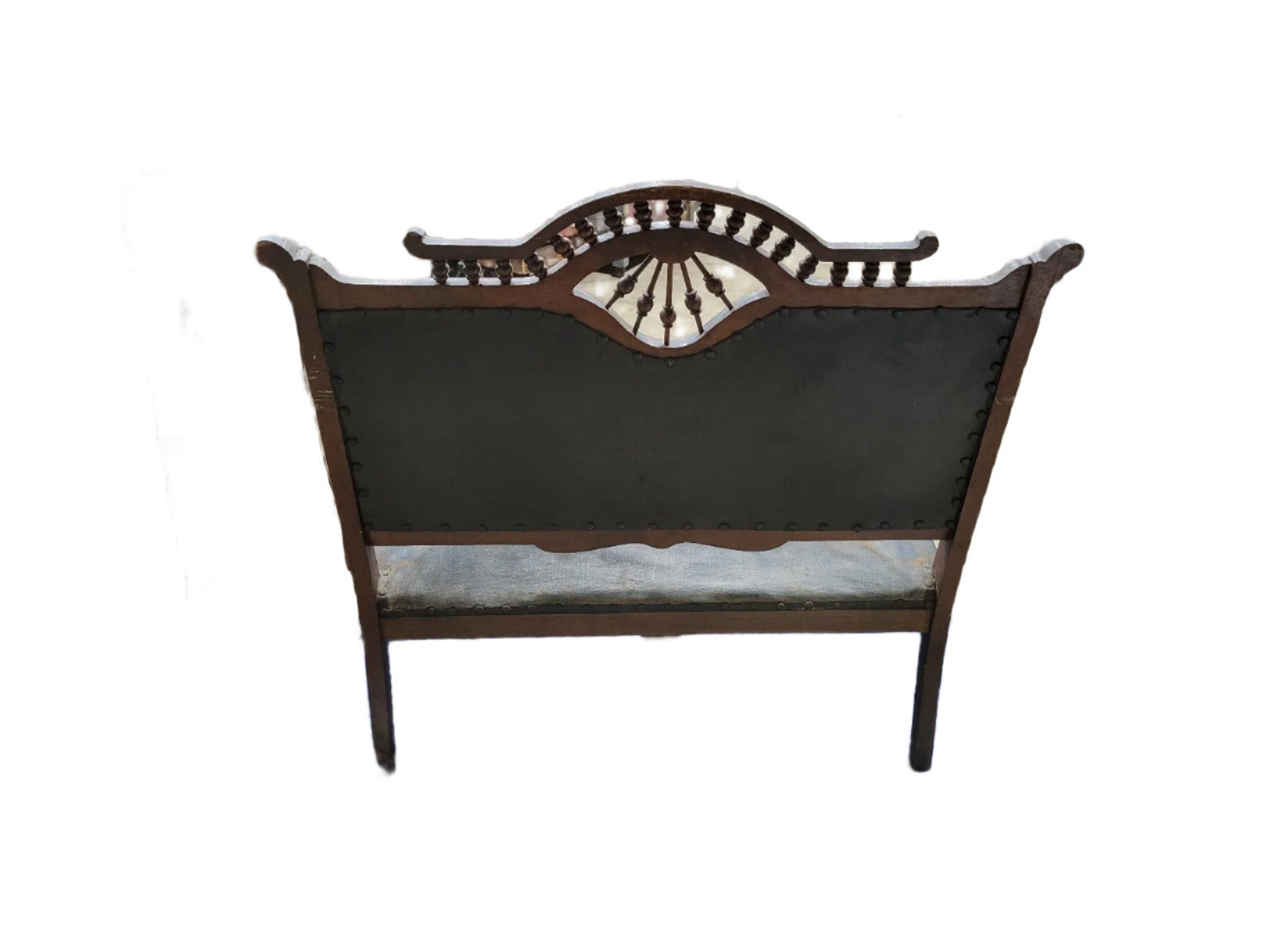 Victorian Eastlake Loveseat with Spool Turned Crest & Black Upholstery