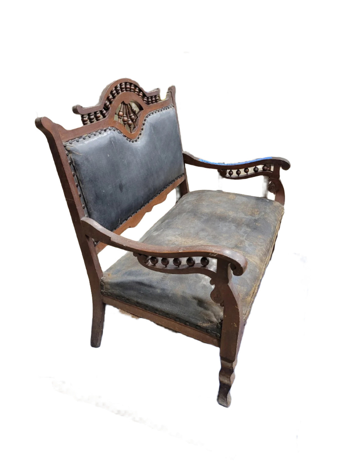 Victorian Eastlake Loveseat with Spool Turned Crest & Black Upholstery
