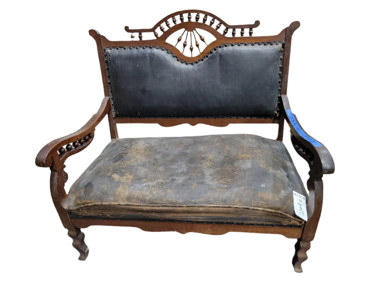 Victorian Eastlake Loveseat with Spool Turned Crest & Black Upholstery