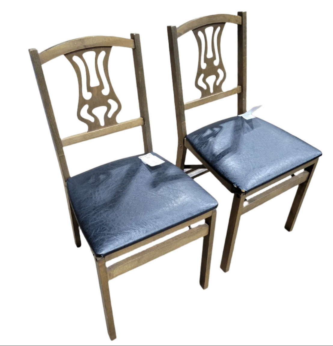Pair of Vintage Folding Lyre-Back Wood Chairs with Black Vinyl Seats