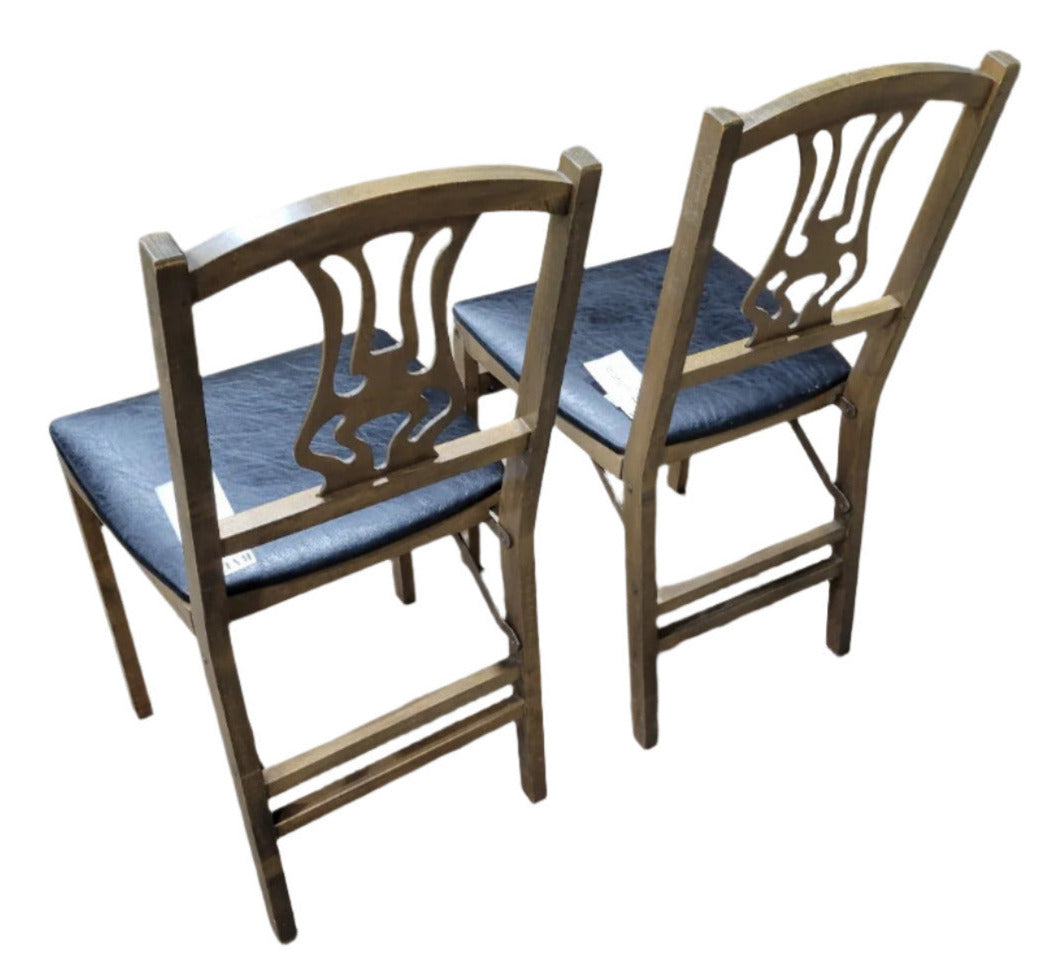 Pair of Vintage Folding Lyre-Back Wood Chairs with Black Vinyl Seats