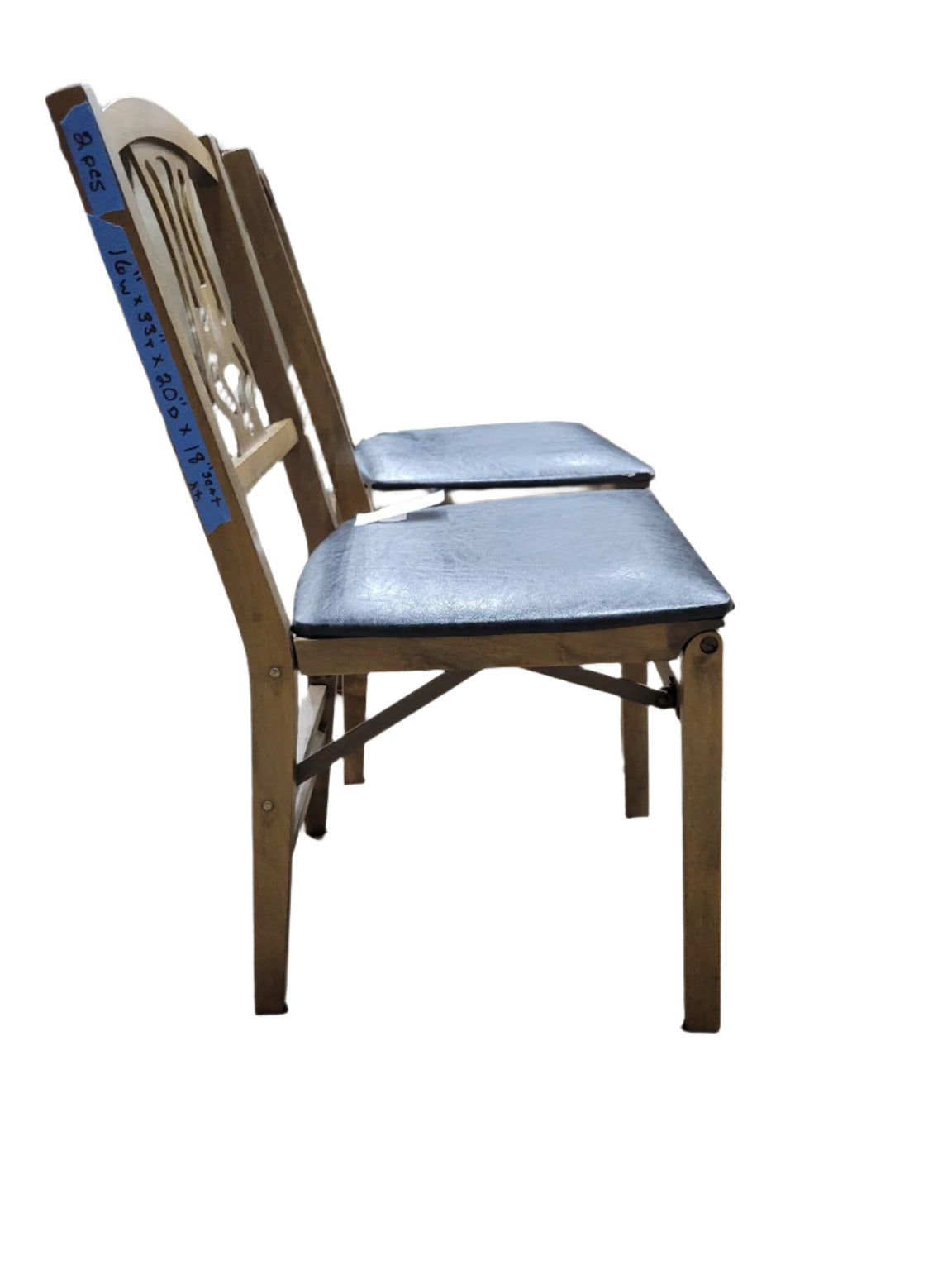 Pair of Vintage Folding Lyre-Back Wood Chairs with Black Vinyl Seats