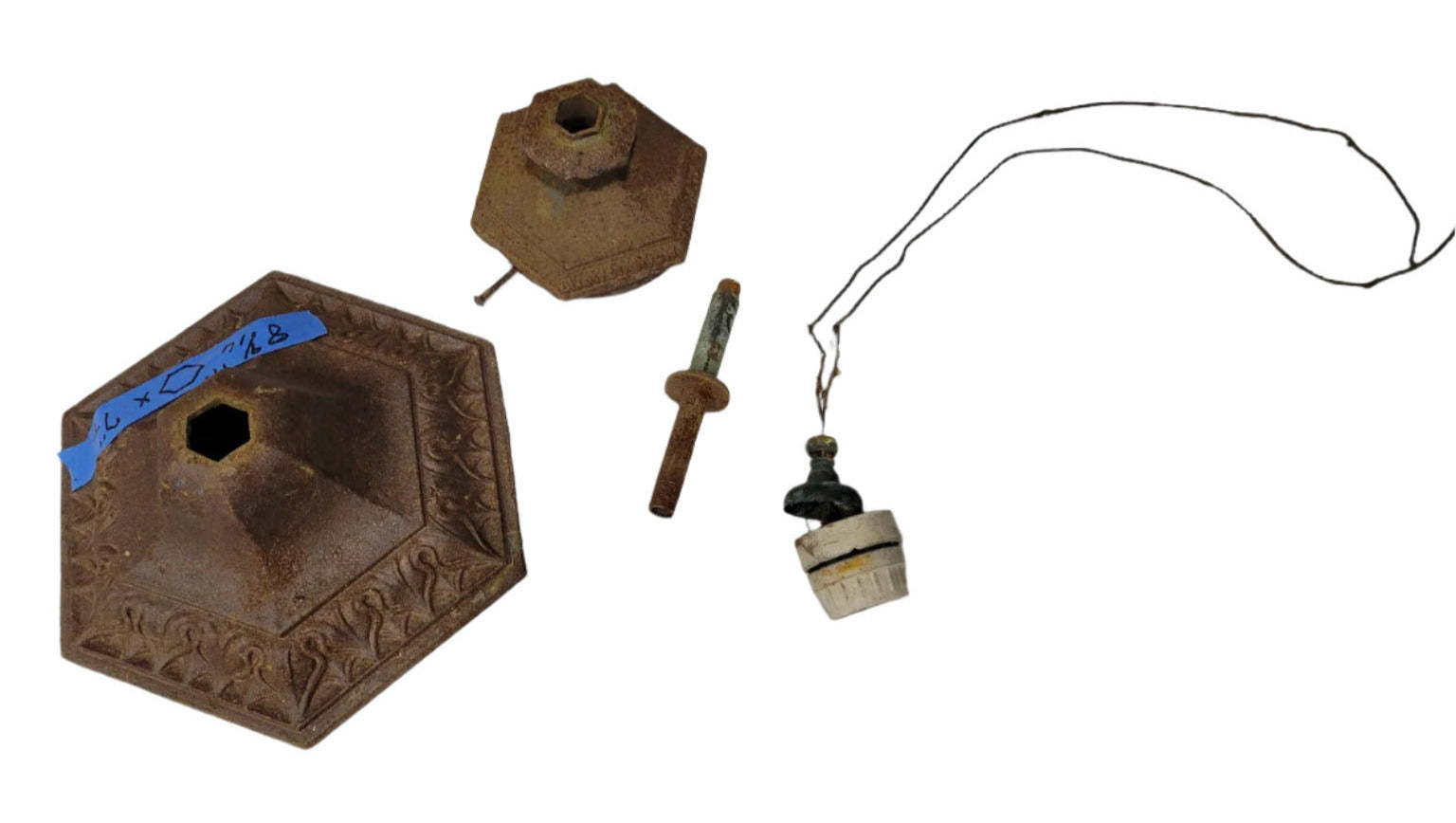 Antique Cast Iron Lamp Base and Top with Socket and Wiring Components