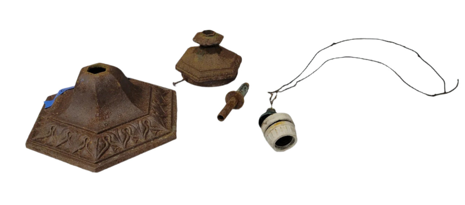 Antique Cast Iron Lamp Base and Top with Socket and Wiring Components