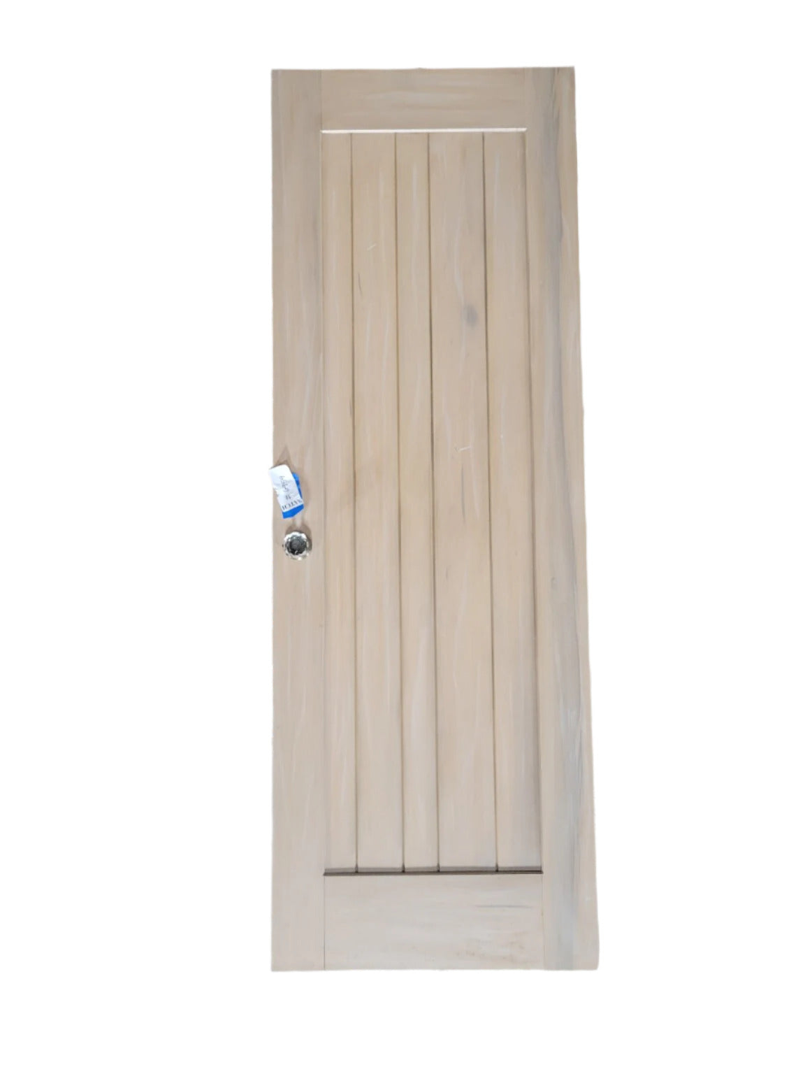 Single Cottage-Style Vertical Panel Wood Door – Two-Tone Finish with Mixed Knobs