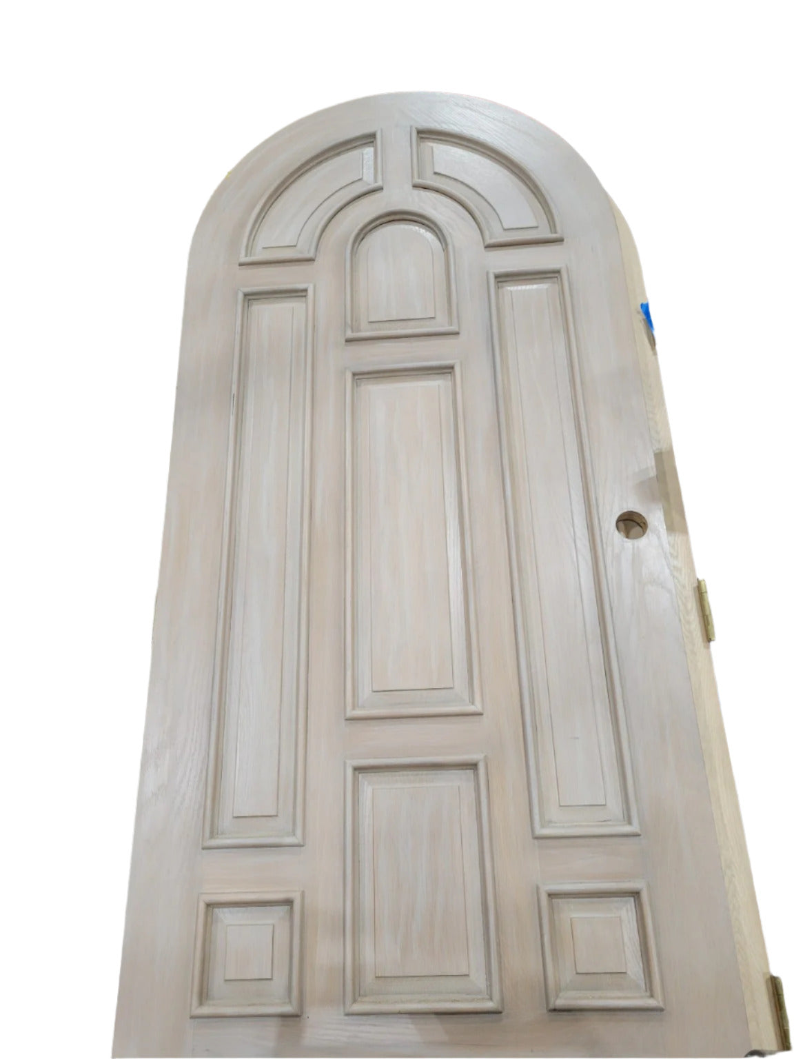 Arched Fiberglass Entry Door – 9-Panel Woodgrain Design with Baldwin Hinges