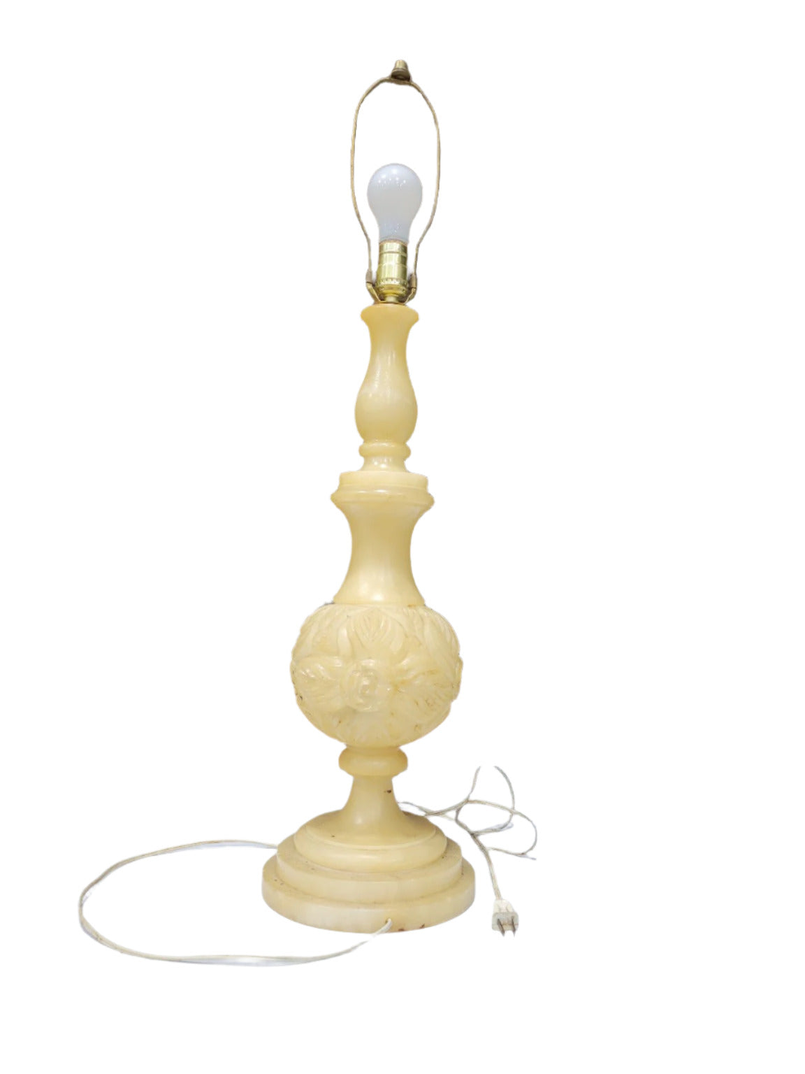Vintage Alabaster Floral Carved Table Lamp – Cream Finish