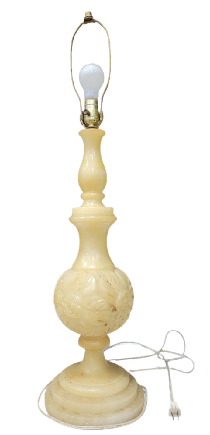 Vintage Alabaster Floral Carved Table Lamp – Cream Finish