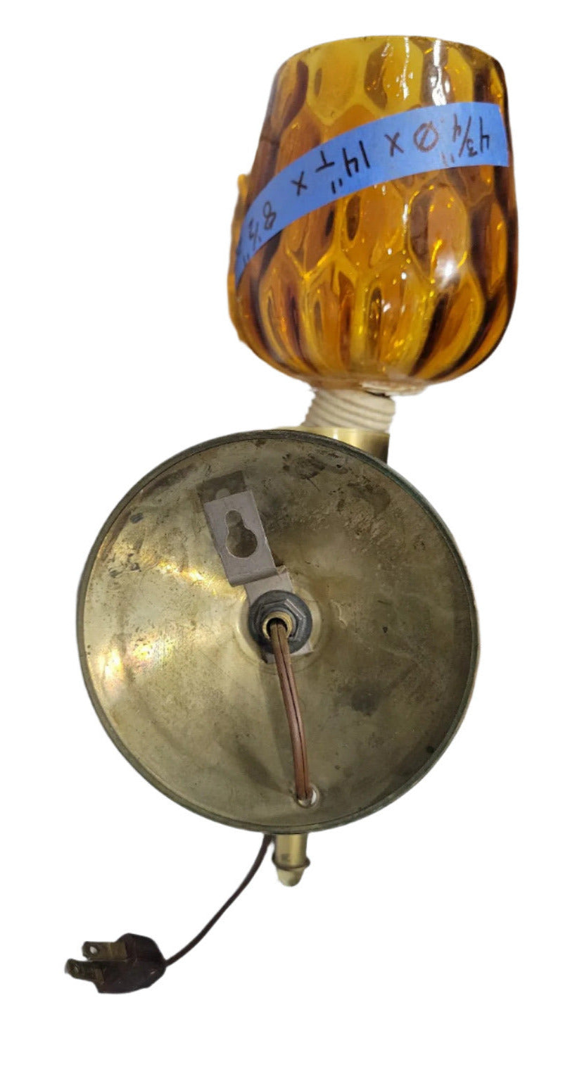 Mid-Century Honeycomb Amber Glass Wall Sconce – Brass Finish