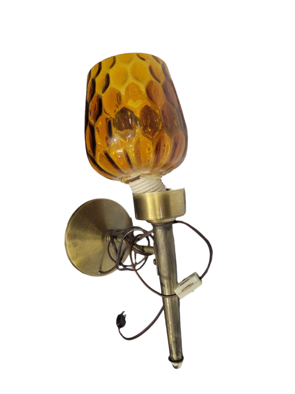 Mid-Century Honeycomb Amber Glass Wall Sconce – Brass Finish