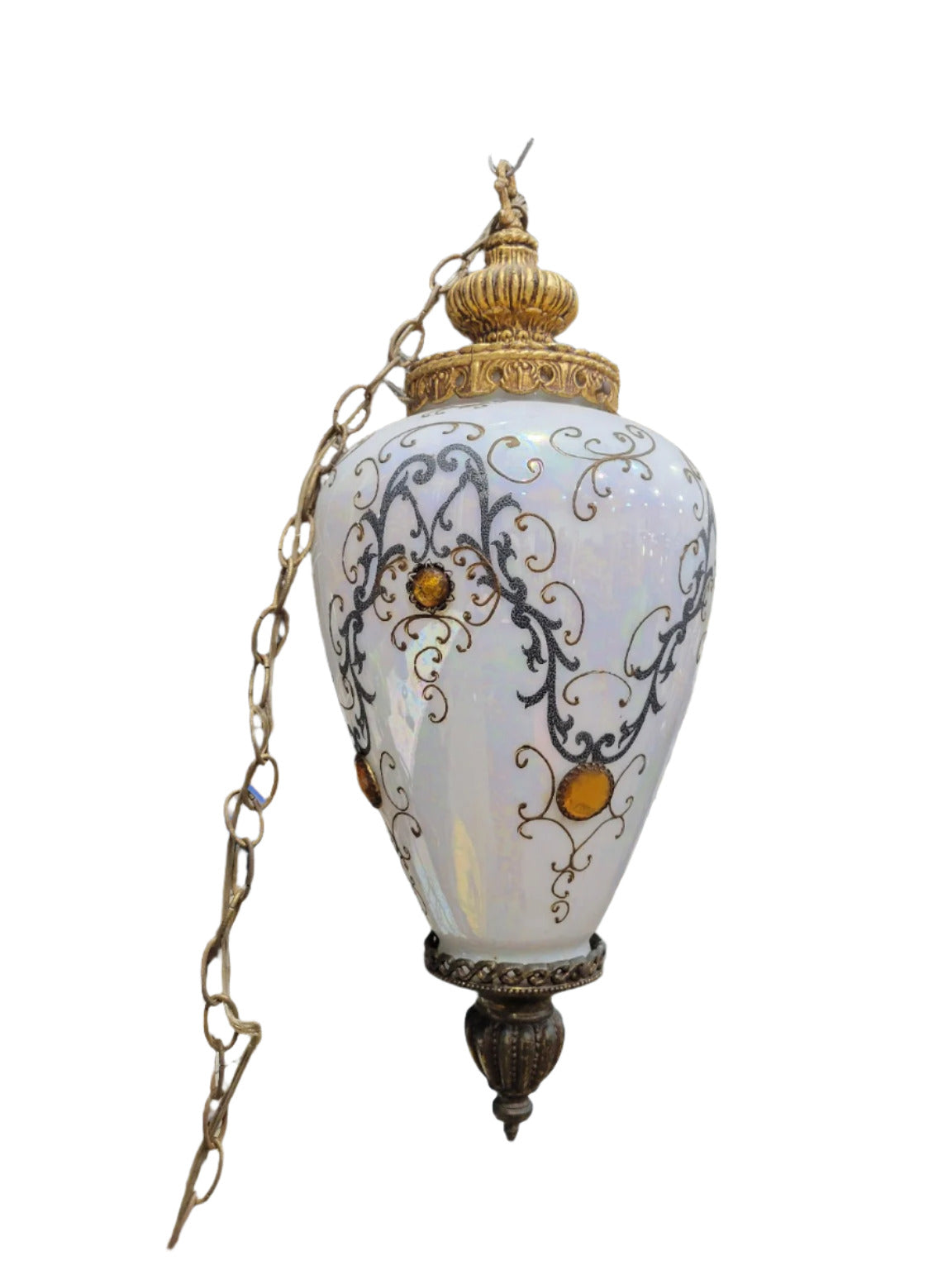 Hollywood Regency Iridescent Swag Lamp – Ornate Gold & Amber Jewel Accents