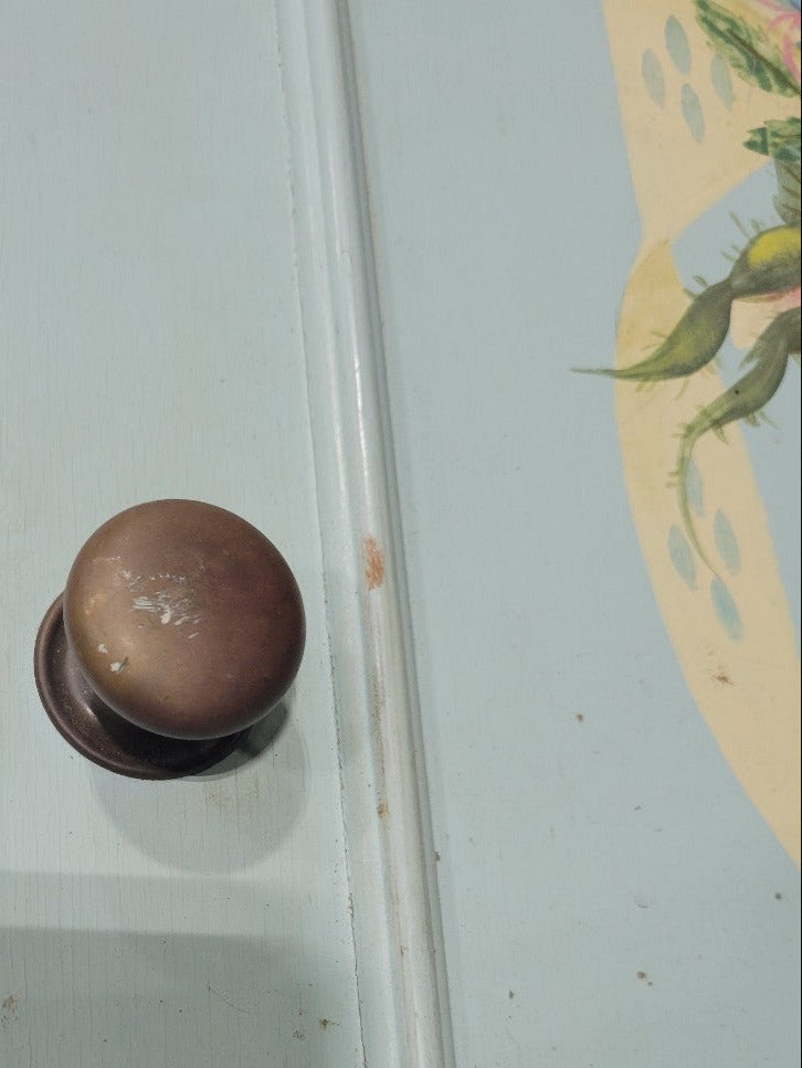 Hand-Painted Vintage Cabinet Door Panel – Floral Still Life on Mint Green Wood