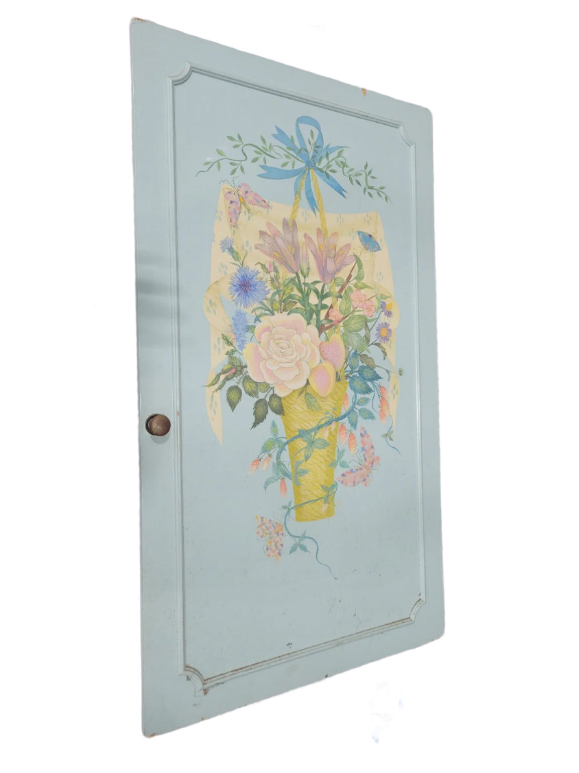 Hand-Painted Vintage Cabinet Door Panel – Floral Still Life on Mint Green Wood