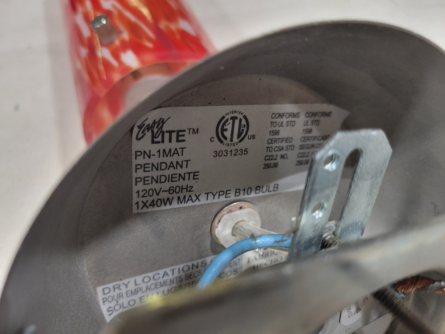 Easylite Red Glass Pendant Light – 3" Ø x 8 ⅝" L with Escutcheon