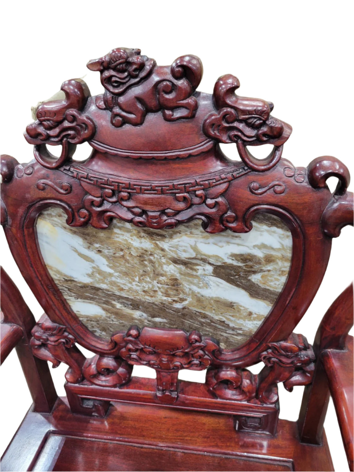 Chinese Carved Rosewood Armchair with Marble Back Panel