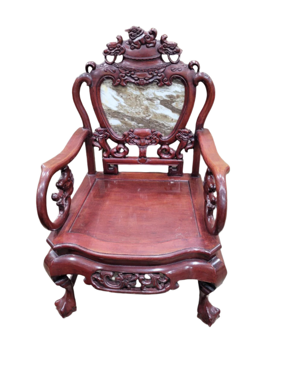 Chinese Carved Rosewood Armchair with Marble Back Panel