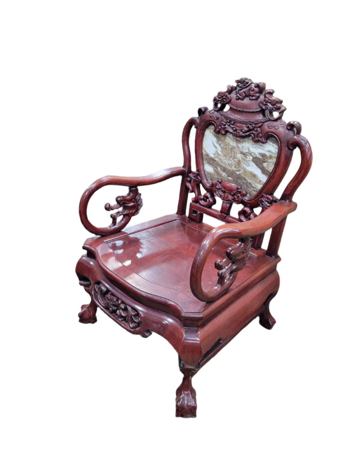 Chinese Carved Rosewood Armchair with Marble Back Panel