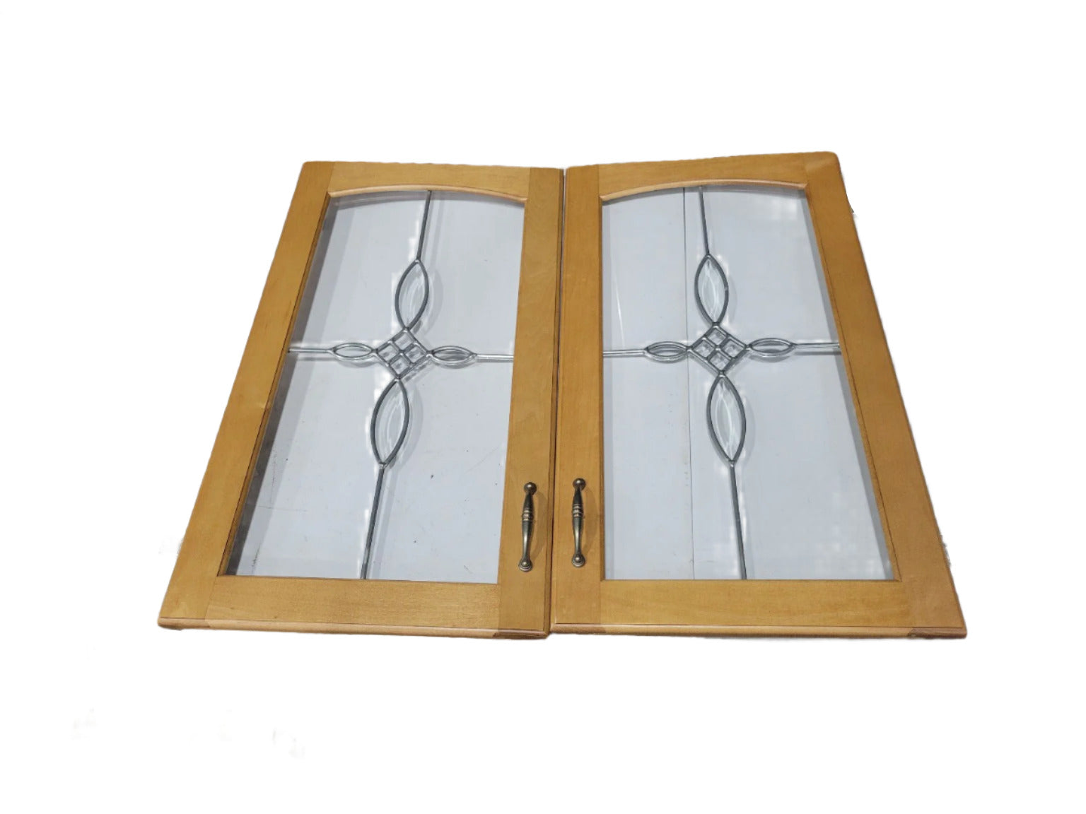 Carved Wood Cabinet with Leaded Glass Doors and Shelves