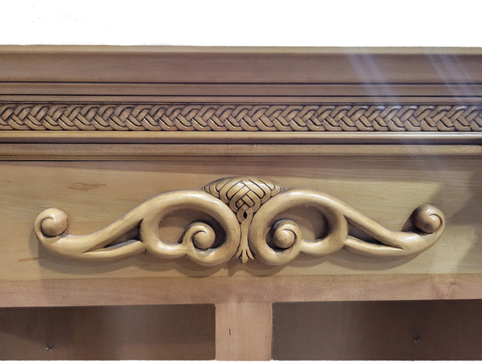 Carved Wood Cabinet with Leaded Glass Doors and Shelves