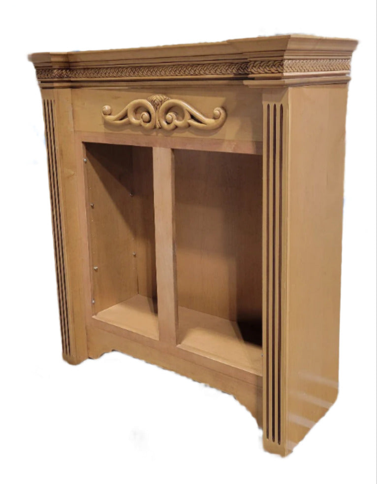 Carved Wood Cabinet with Leaded Glass Doors and Shelves