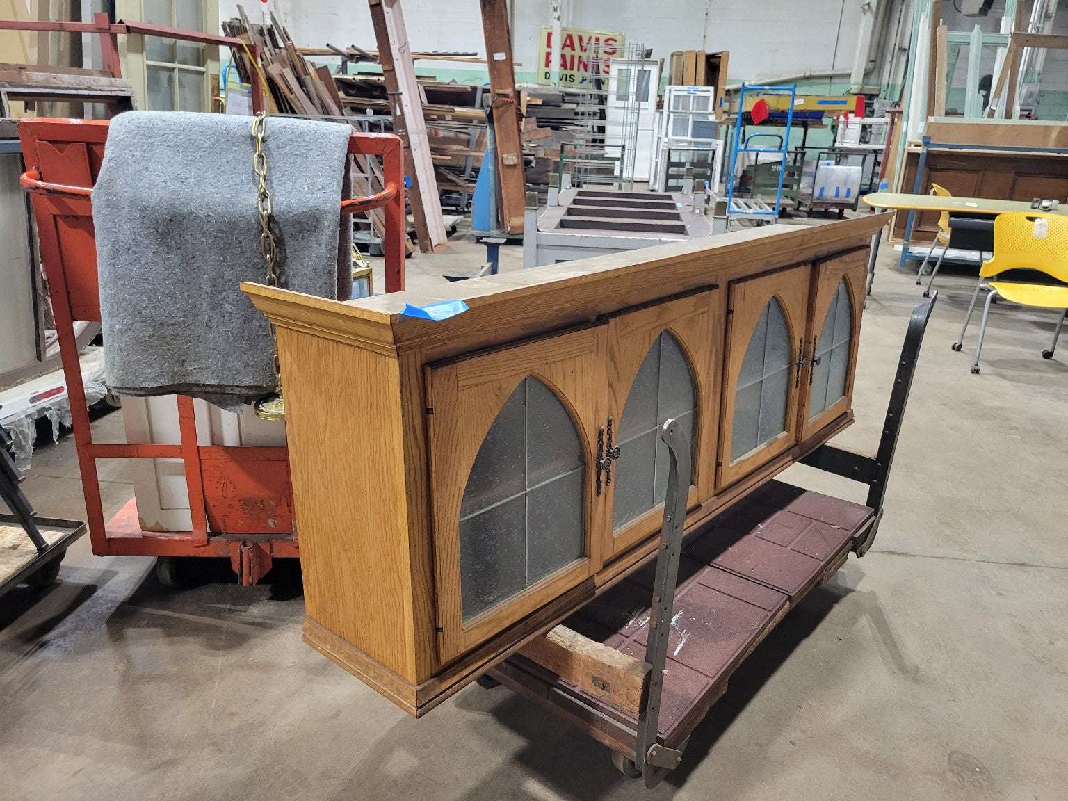 Gothic Revival Oak Wall Cabinet with Arched Glass Panels