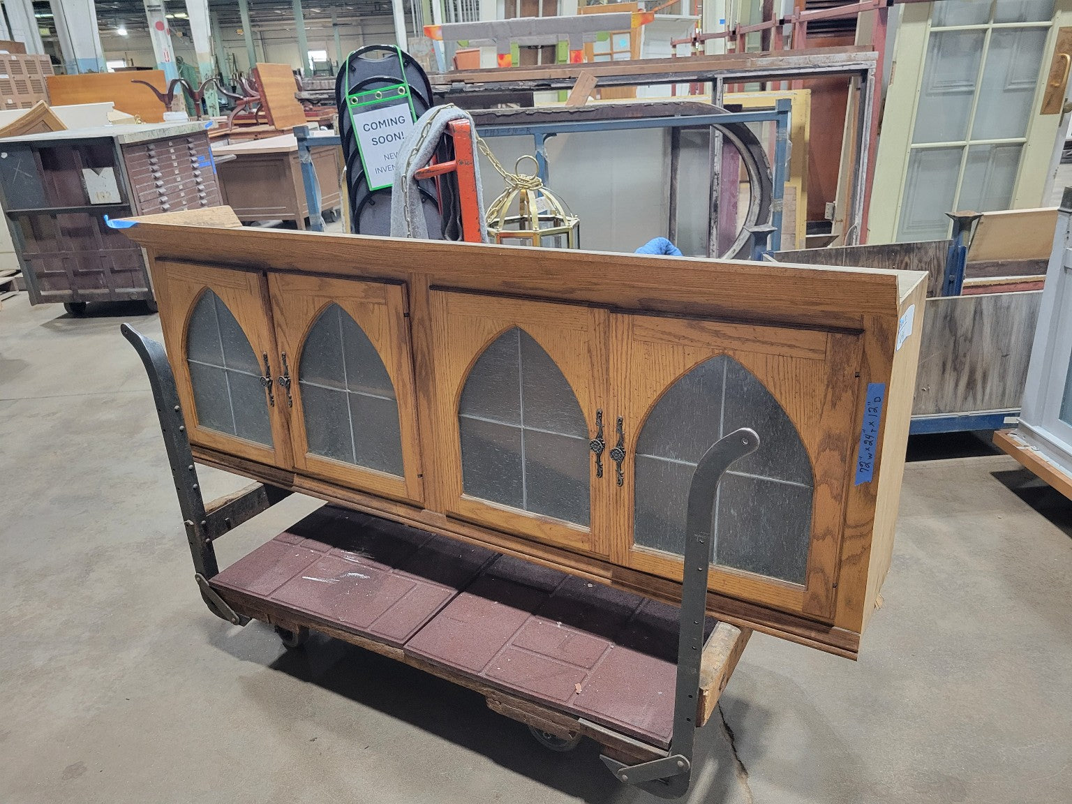 Gothic Revival Oak Wall Cabinet with Arched Glass Panels