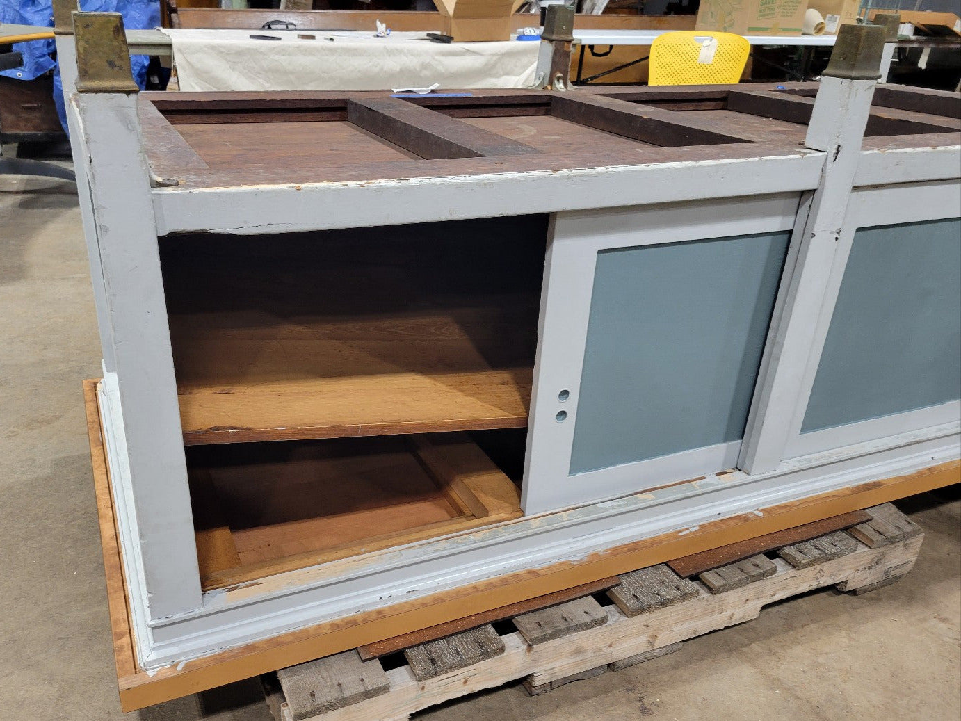 Salvaged Print Shop Workbench with Sliding Doors