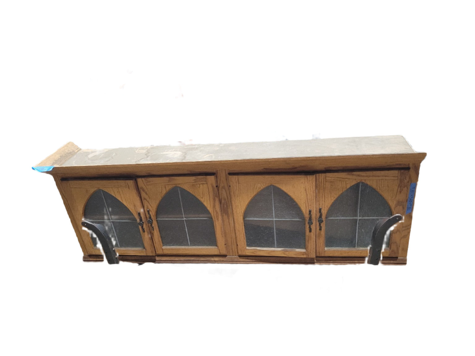 Gothic Revival Oak Wall Cabinet with Arched Glass Panels