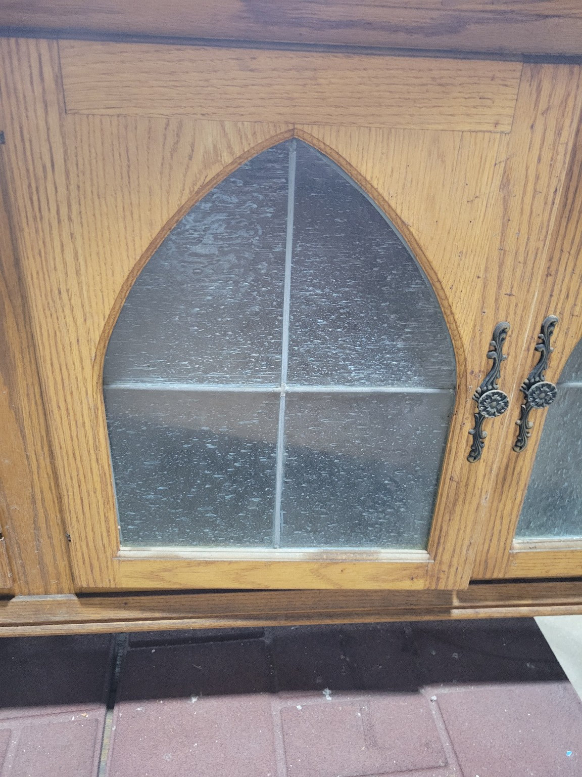 Gothic Revival Oak Wall Cabinet with Arched Glass Panels