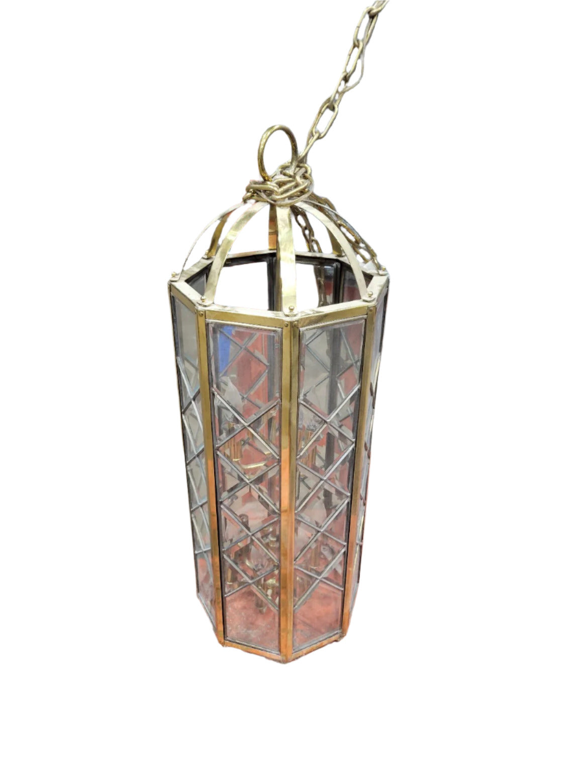 Vintage Hexagonal Brass Hanging Lantern with Beveled Glass