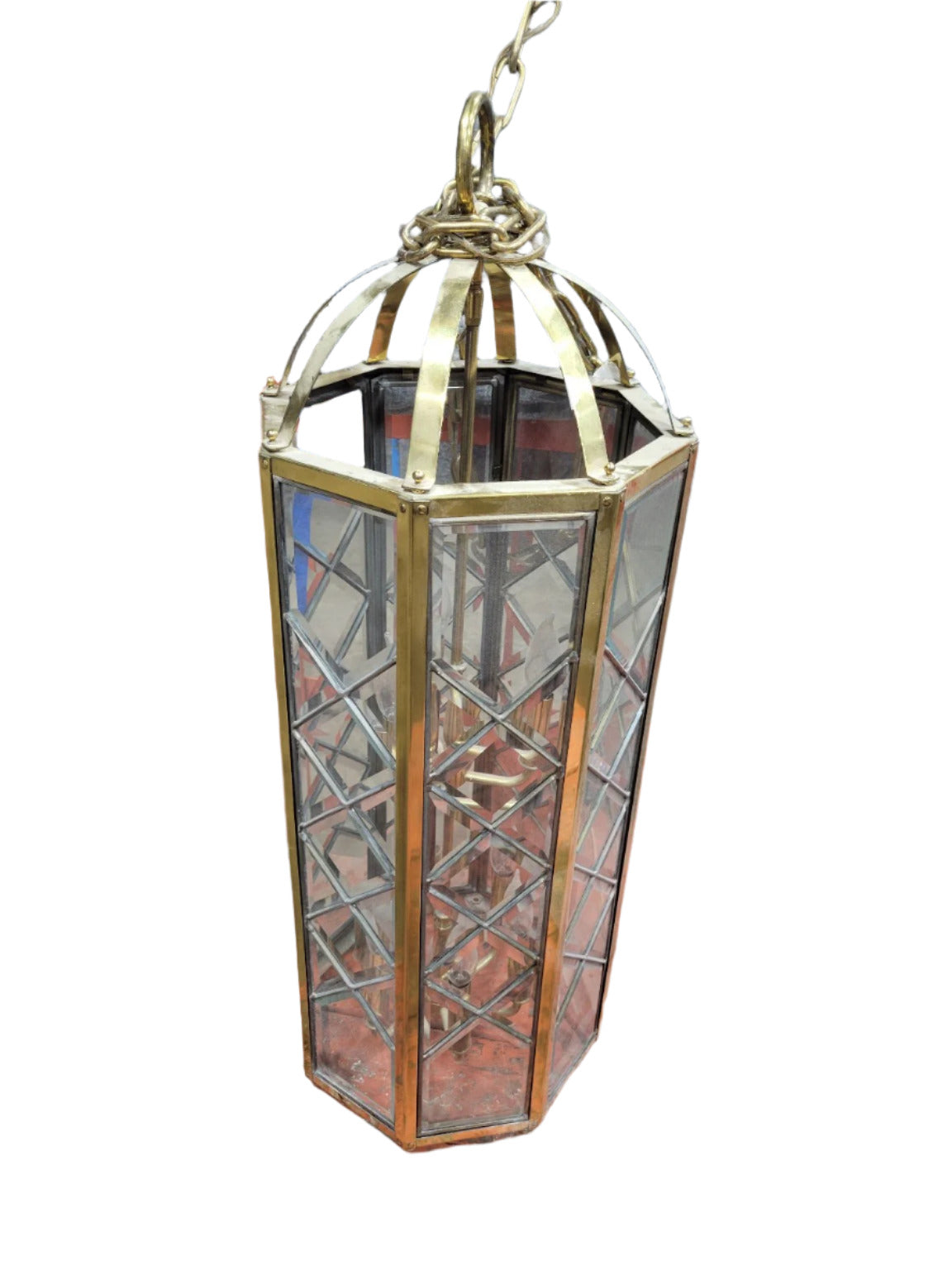 Vintage Hexagonal Brass Hanging Lantern with Beveled Glass