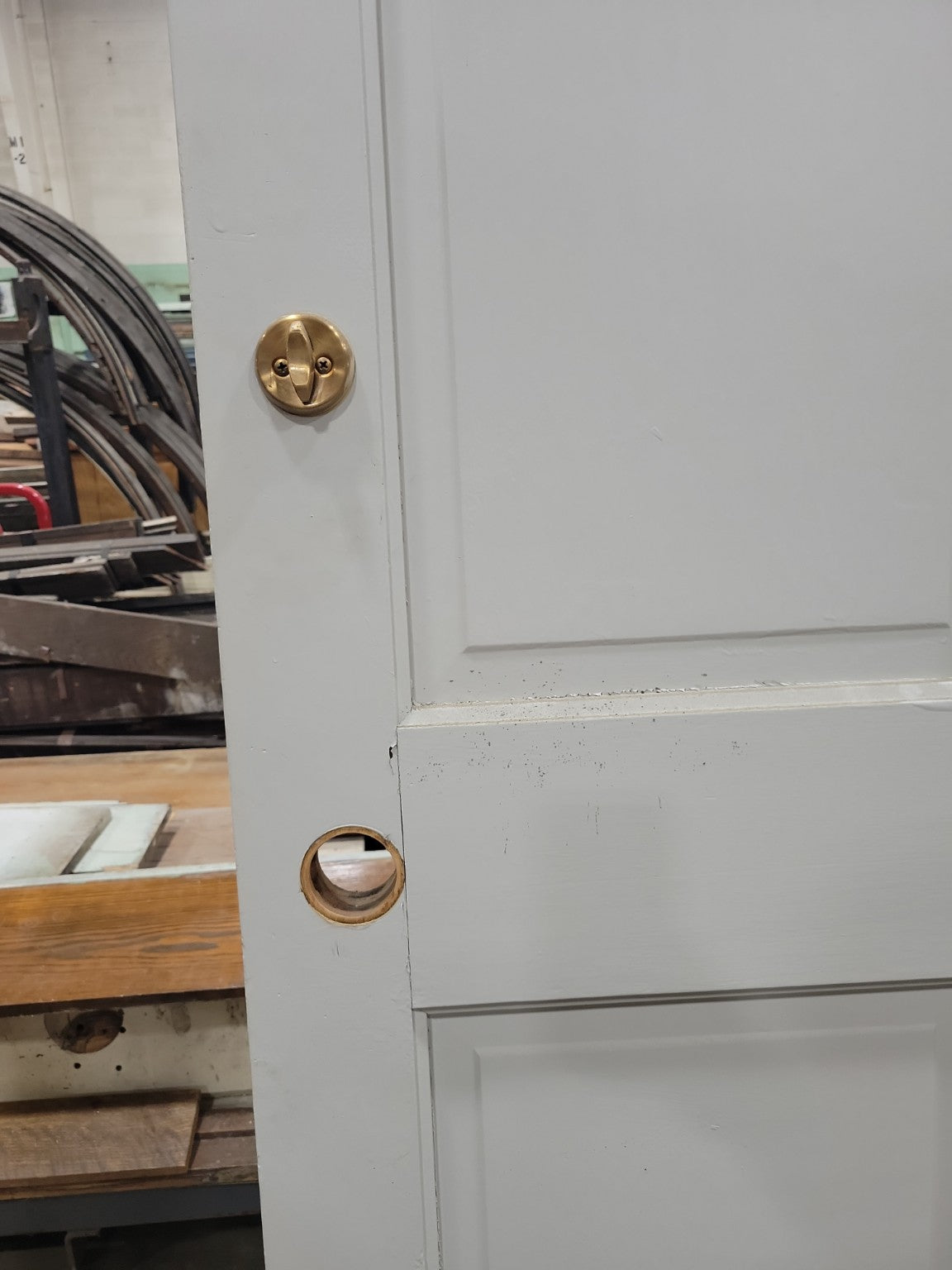Light Grey Six-Panel Solid Wood Door with Brass Deadbolt – 43 ⅜" x 80 ¼" (I)