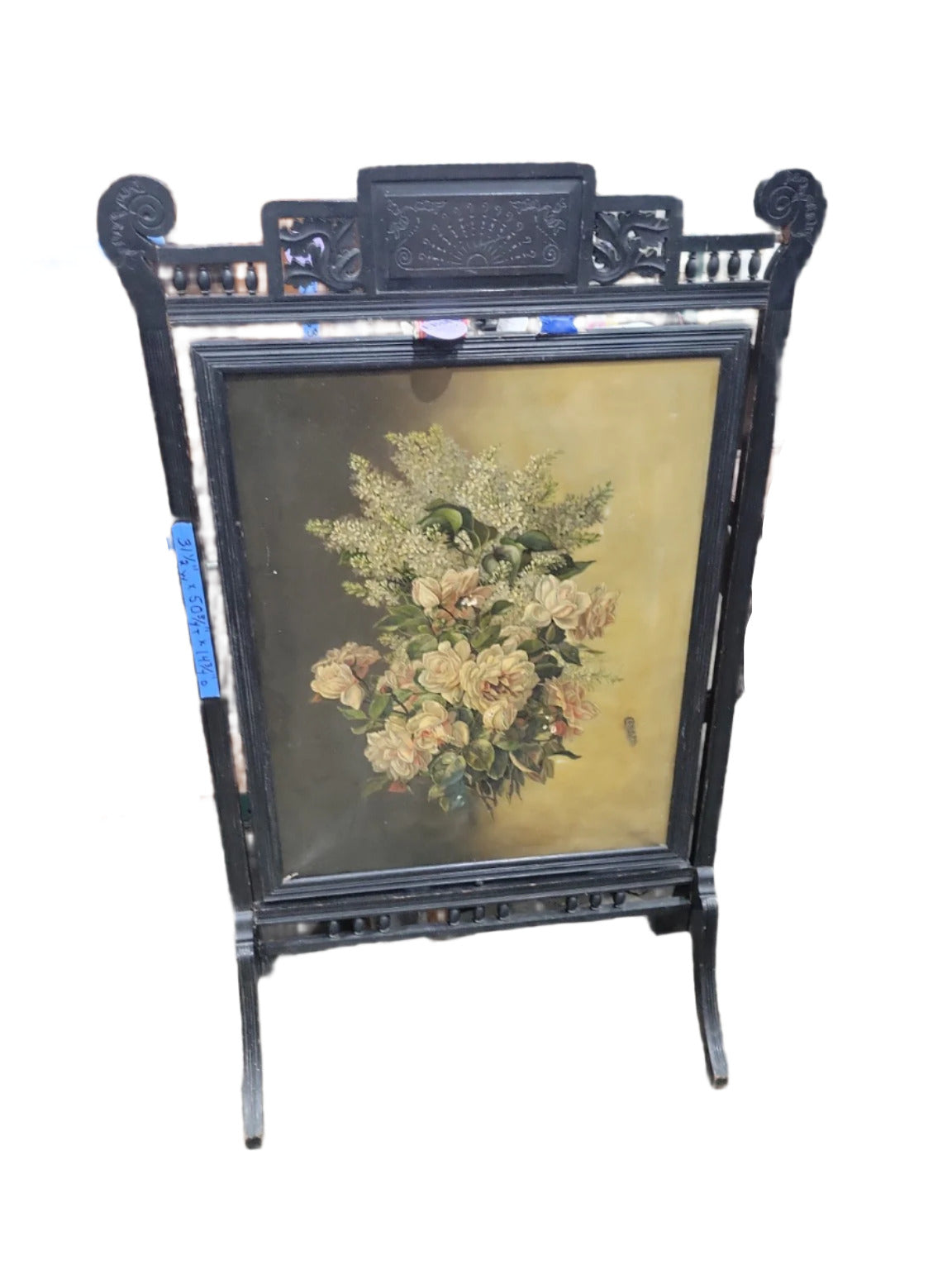 Antique Eastlake Fireplace Screen with Floral Still Life Canvas